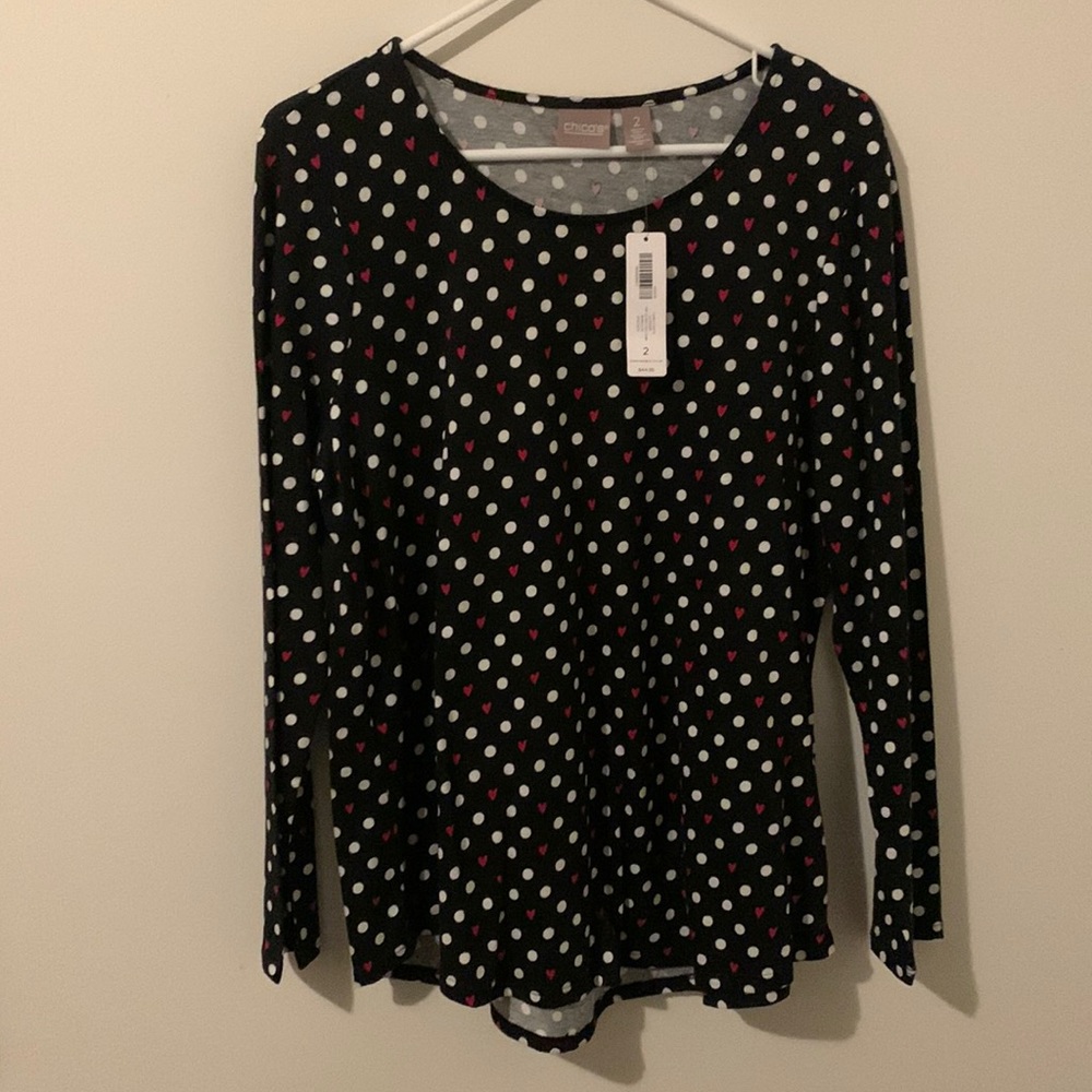 Chico’s size 2 darling polka dot and heart shirt. NWT